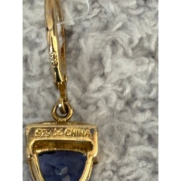 Sterling Silver Gold Vermeil Blue CZ Trillion Dangle Earrings #64591 - Picture 6 of 7